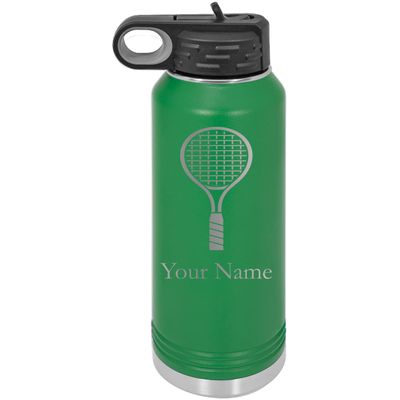 Tenns Racket Personalized Custom Engraved Double Wall Vacuum Hot/Cold Drinks Insulated Stainless 40-Ounce Steel Boys/Girls Sports Team Water Bottle with Flip Top Lid, Straw