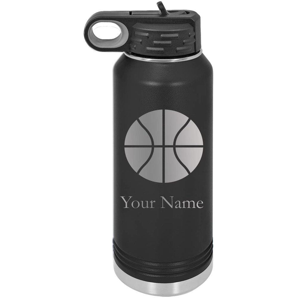 Add Name Basketball Personalized Custom Engraved Double Wall Vacuum Hot/Cold Drinks Insulated Stainless 40-Ounce Steel Boys/Girls Sports Team Water Bottle with Flip Top Lid, Straw