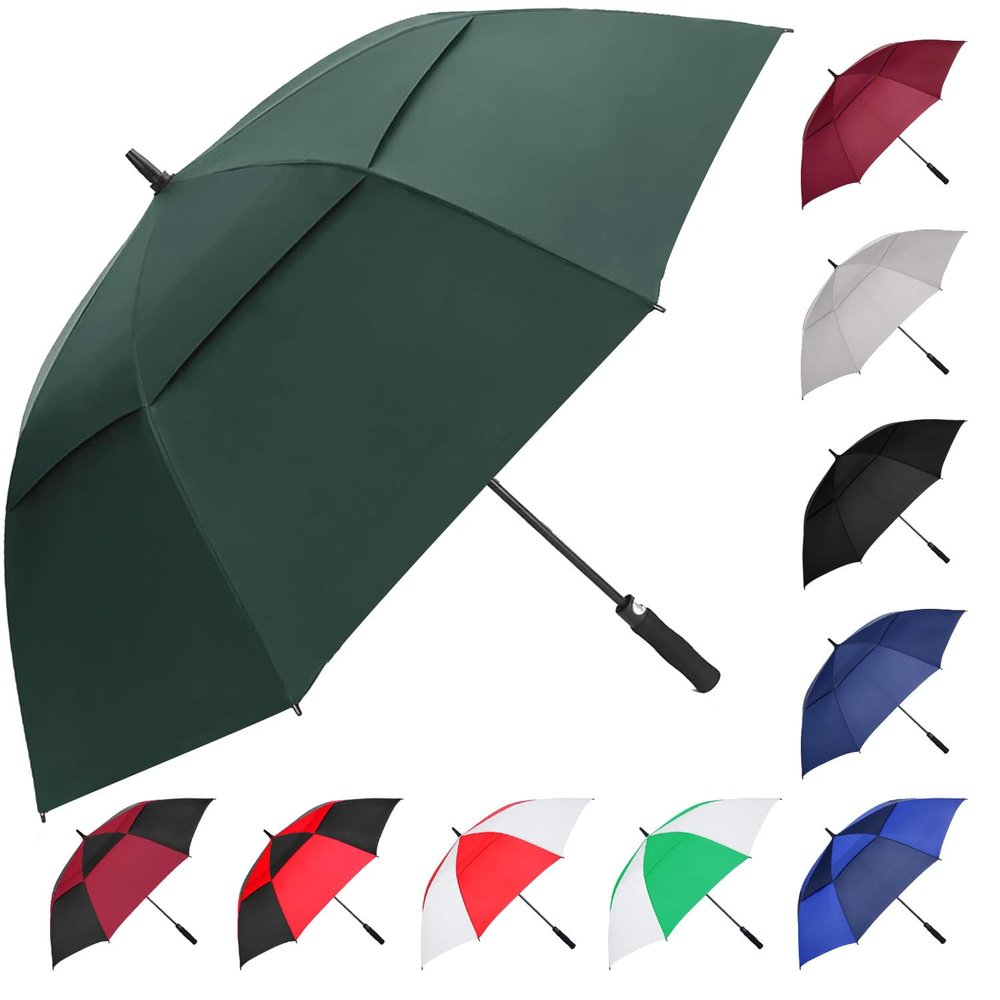 MRTLLOA Extra Large Green Golf Umbrella, 54/62/68/72 Inch Automatic Open, Oversize Double Canopy Vented Windproof Waterproof Sports Umbrellas for Rain(62 Inch Green)