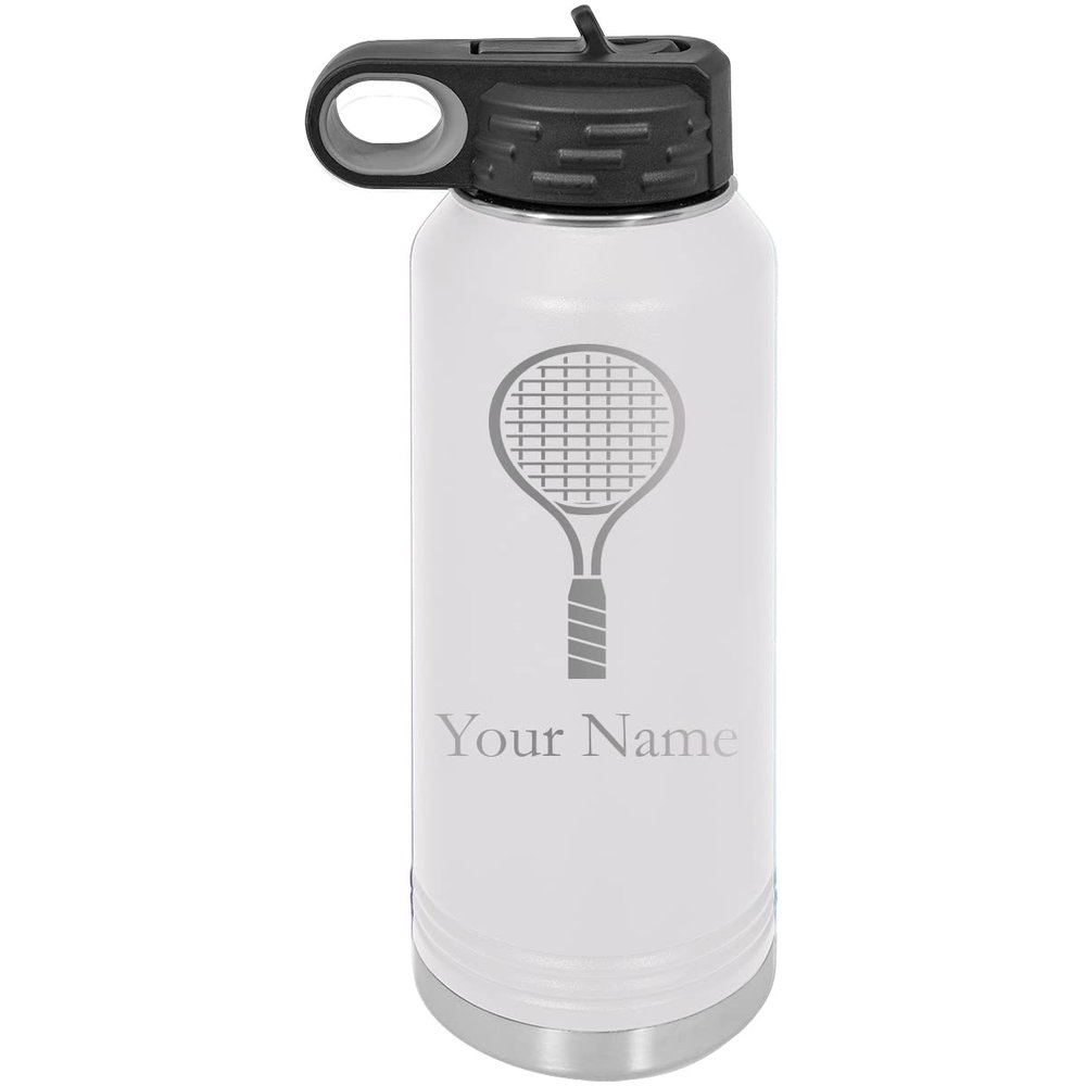 Tenns Racket Personalized Custom Engraved Double Wall Vacuum Hot/Cold Drinks Insulated Stainless 32-Ounce Steel Boys/Girls Sports Team Water Bottle with Flip Top Lid, Straw