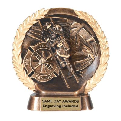 Same Day Awards High Relief Firefighter Trophy with Laurel Wreath Design - Custom Engraved Fire Department Plaque Style Recognition for Graduation Promotion Retirement