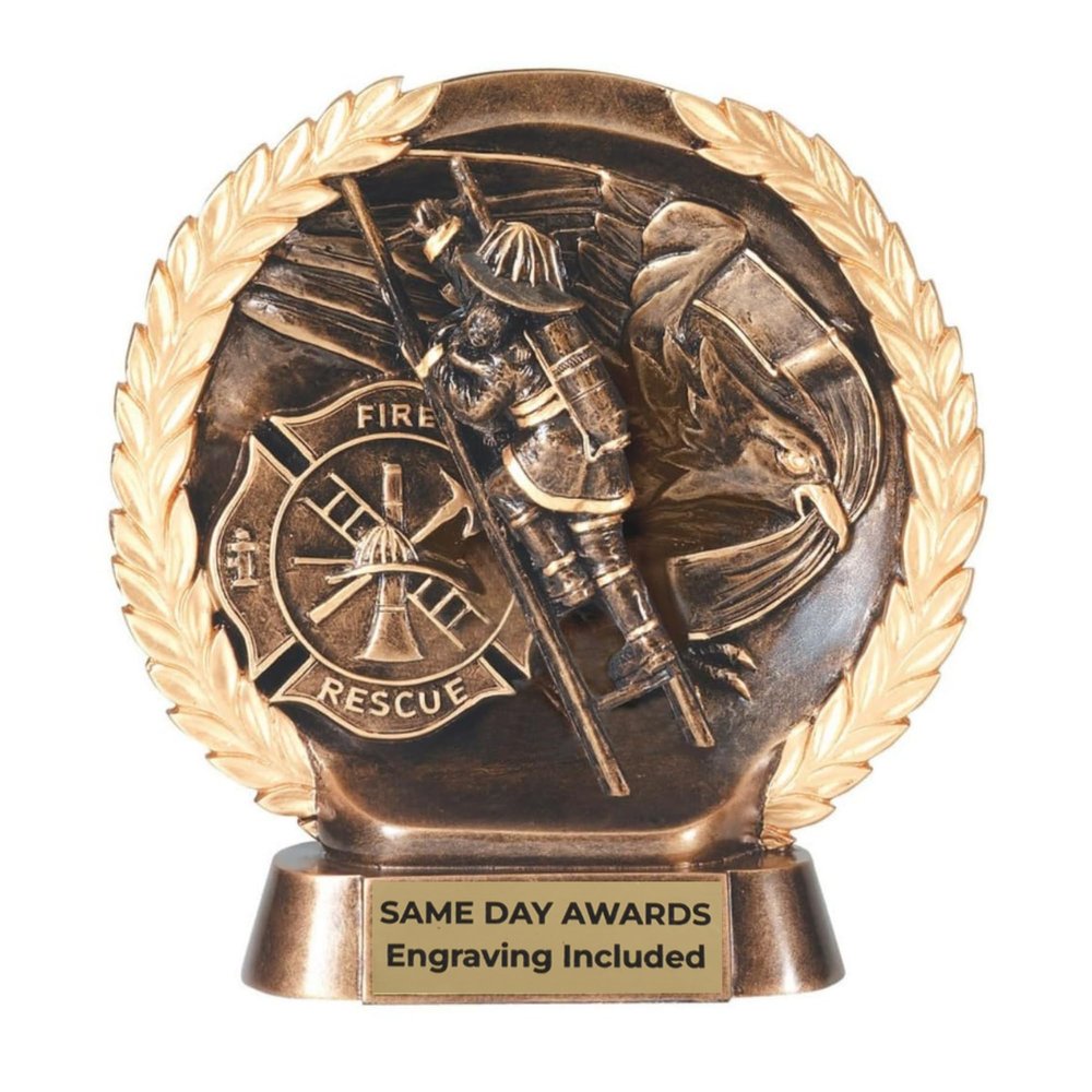Same Day Awards High Relief Firefighter Trophy with Laurel Wreath Design - Custom Engraved Fire Department Plaque Style Recognition for Graduation Promotion Retirement
