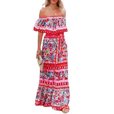 Women's Casual Party Wear Ditsy Floral Ladies Fashion Bardot Off Shoulder 2 Way Tiered Style Midi Dress (Color : A, Size : XL/X-Large)