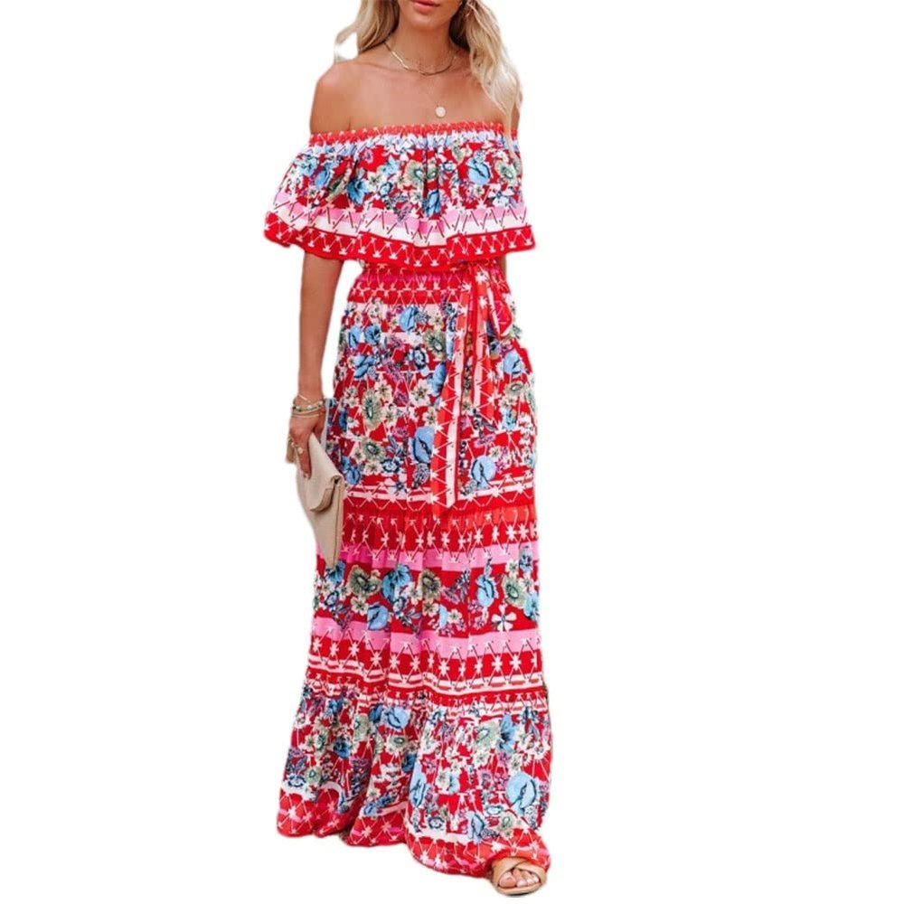 Women's Casual Party Wear Ditsy Floral Ladies Fashion Bardot Off Shoulder 2 Way Tiered Style Midi Dress (Color : A, Size : XL/X-Large)