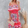 Women's Casual Party Wear Ditsy Floral Ladies Fashion Bardot Off Shoulder 2 Way Tiered Style Midi Dress (Color : A, Size : XL/X-Large) view 3