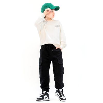 MINI PANDA Boys' Cargo Pant,Husky Boys Adjustable Waist Pants Size 6-16 (6, Black)