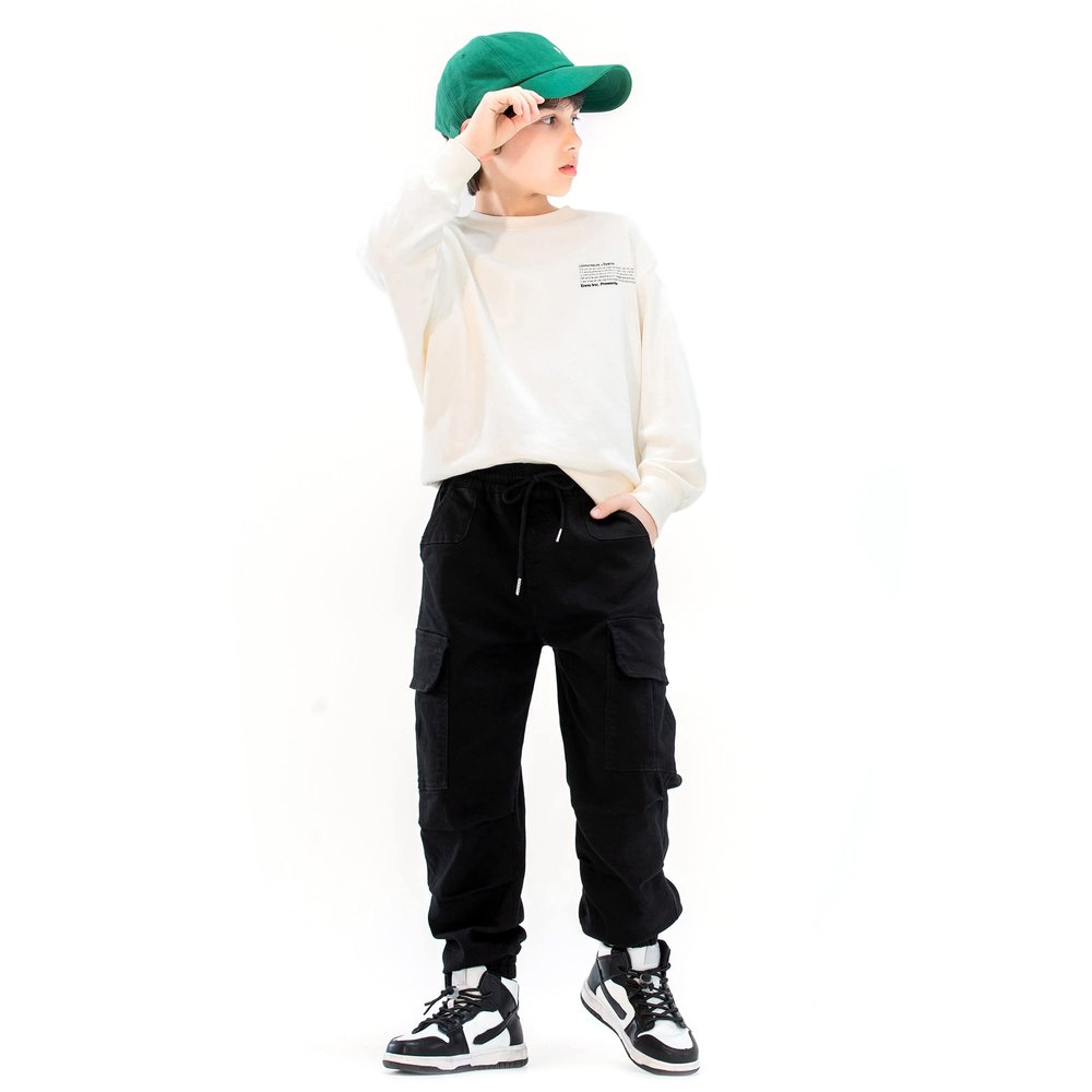 MINI PANDA Boys' Cargo Pant,Husky Boys Adjustable Waist Pants Size 6-16 (6, Black)