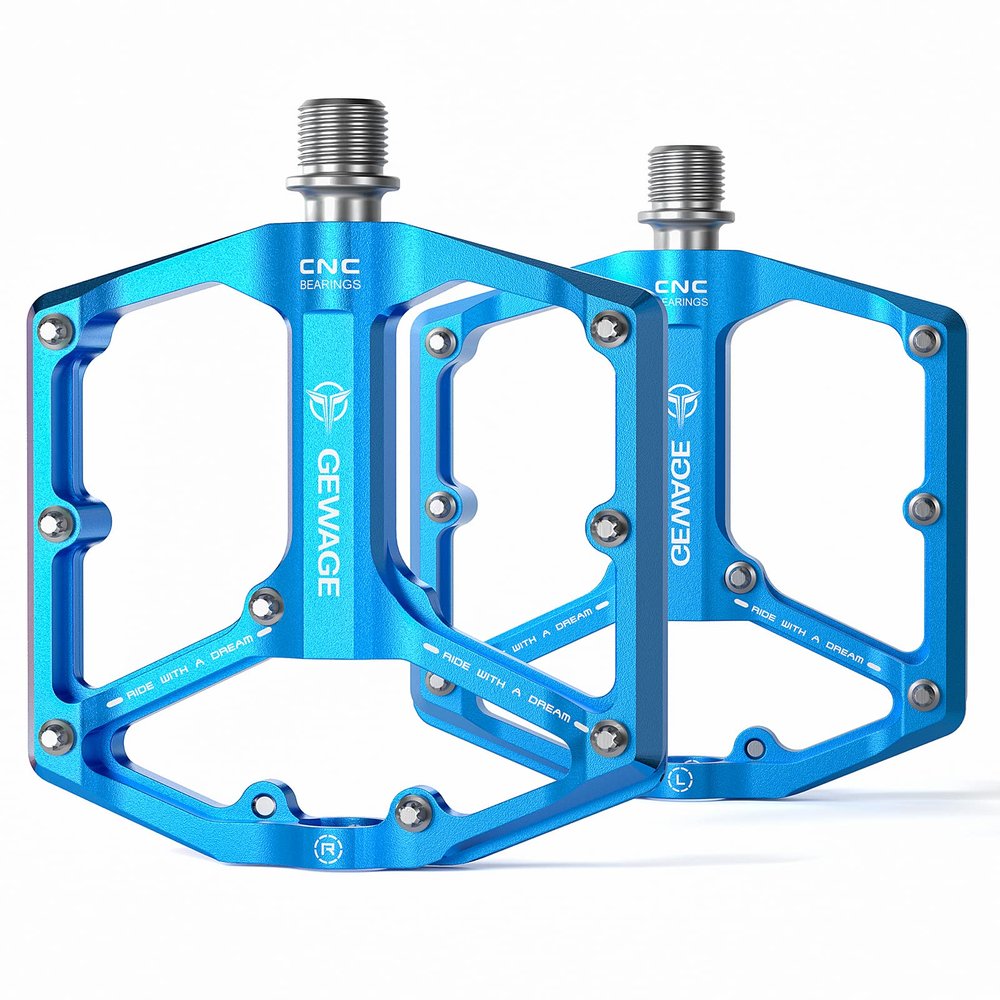 Road/Mountain Bike Pedals - 3 Bearings Bicycle Pedals - 9/16 CNC Machined Flat Pedals with Removable Anti-Skid Nails (Blue)