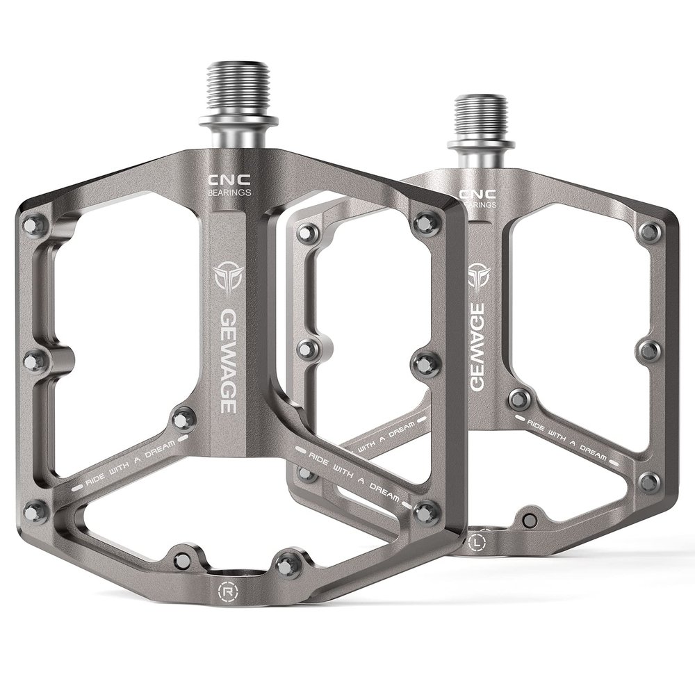 Road/Mountain Bike Pedals - 3 Bearings Bicycle Pedals - 9/16 CNC Machined Flat Pedals with Removable Anti-Skid Nails (Titanium)
