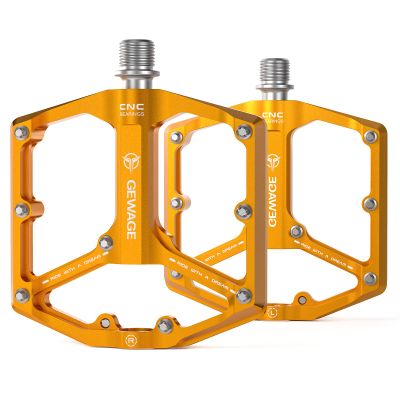 Road/Mountain Bike Pedals - 3 Bearings Bicycle Pedals - 9/16 CNC Machined Flat Pedals with Removable Anti-Skid Nails (Gold)