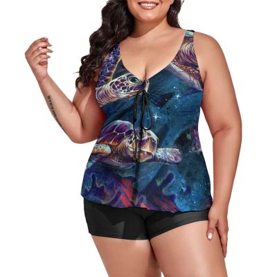 BAIKUTOUAN Watercolor Sea Turtle Plus Size Swimsuit for Women Two Piece Bathing Suit Printed Swimwear