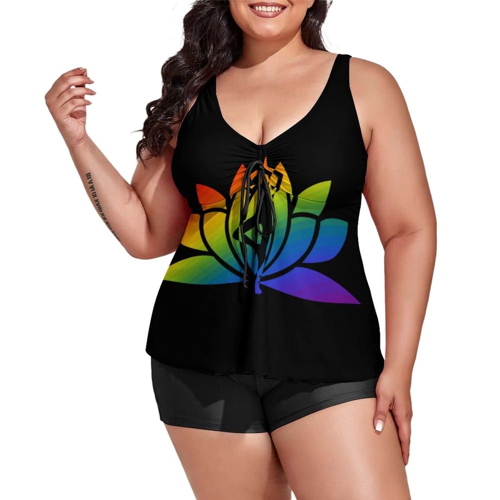 BAIKUTOUAN Doing Yoga Over Lotus Flower Plus Size Swimsuit for Women Two Piece Bathing Suit Printed Swimwear