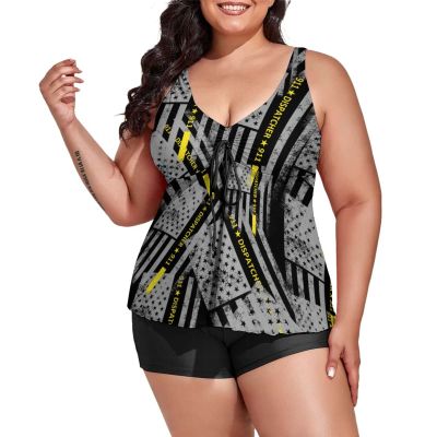 BAIKUTOUAN 911 Dispatcher Thin Gold Line Plus Size Swimsuit for Women Two Piece Bathing Suit Printed Swimwear