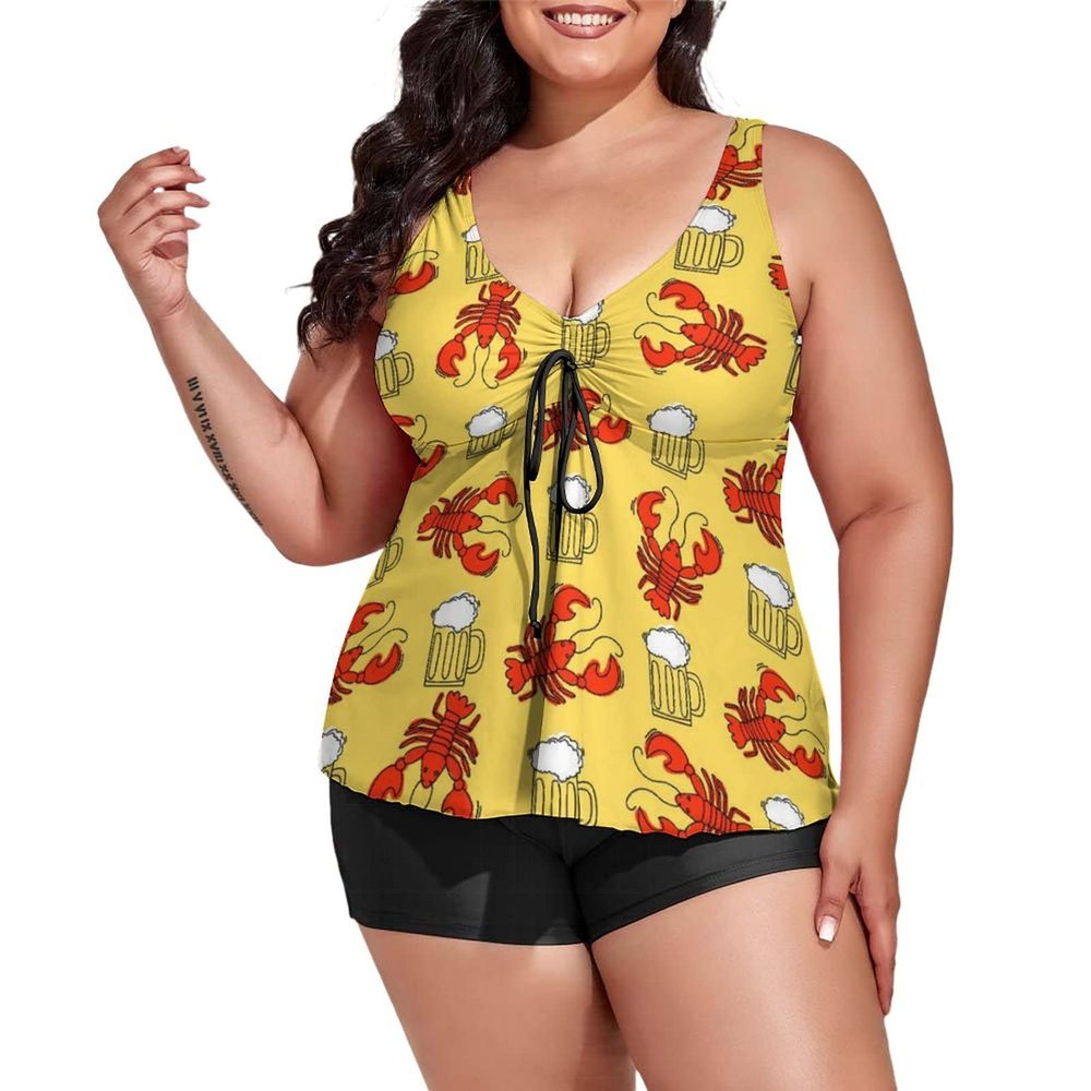 BAIKUTOUAN Beer and Crawfish Plus Size Swimsuit for Women Two Piece Bathing Suit Printed Swimwear