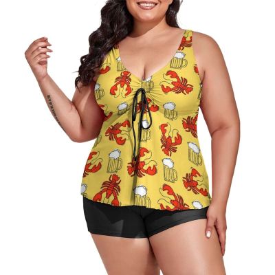 BAIKUTOUAN Beer and Crawfish Plus Size Swimsuit for Women Two Piece Bathing Suit Printed Swimwear