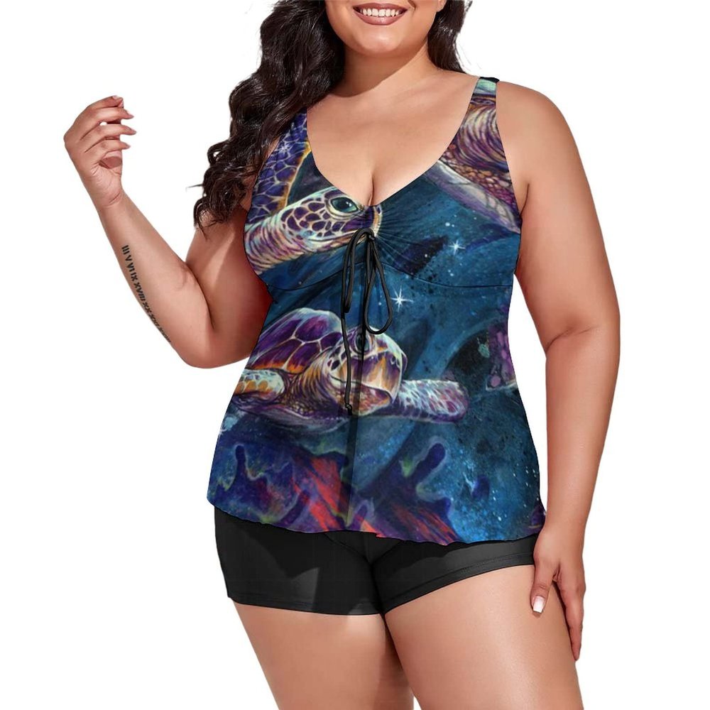 BAIKUTOUAN Watercolor Sea Turtle Plus Size Swimsuit for Women Two Piece Bathing Suit Printed Swimwear