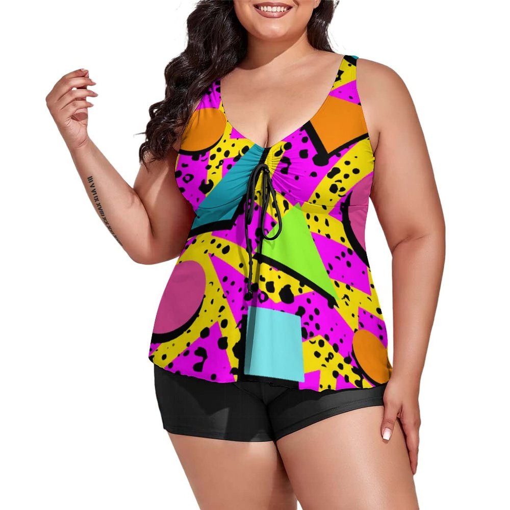 BAIKUTOUAN 80s Memphis Plus Size Swimsuit for Women Two Piece Bathing Suit Printed Swimwear