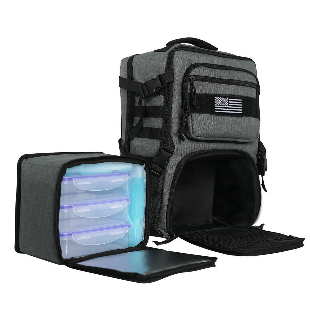 519 Fitness [Tactical All-Around] Modular Meal Prep Backpack - Stealth Grey - Fits 17" Laptop - Removable Meal Part, Hydration Bladder, 3 Containers, 2 Ice Packs & US Flag Patch