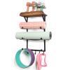 DOCMON Yoga Mat Holder Wall Mount,17" x 28" Yoga Mat Rack Home Gym Accessories, Storage for Foam Roller, with Wood Floating Shelves and 5 Hooks for Hanging Yoga Strap and Resistance Bands view 1