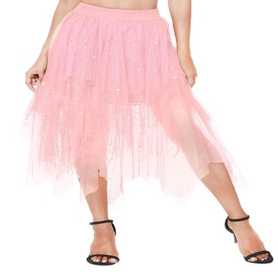 Urban CoCo Women's A-Line Mesh Tutu Skirt Fluffy Layered Tulle Midi Long Skirts with Elastic Waist (XL, Series 2-Pink)