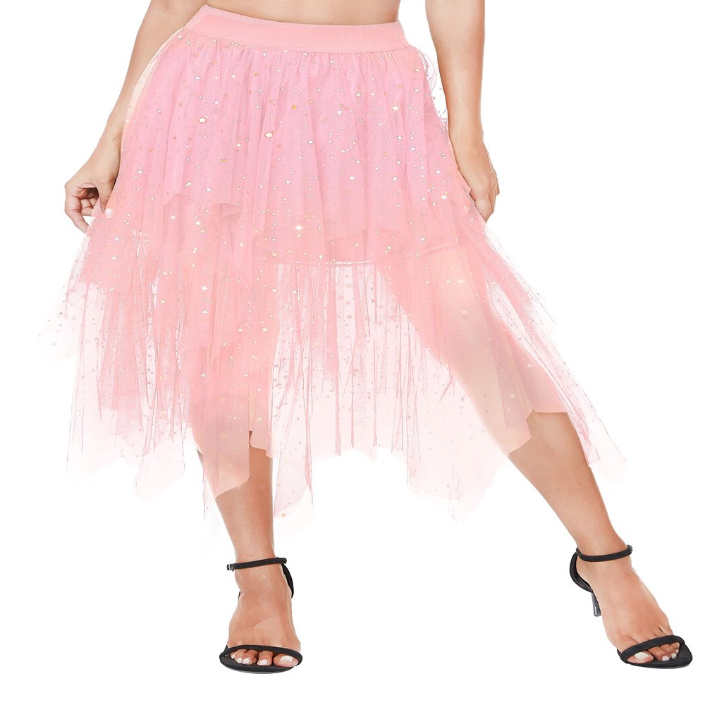 Urban CoCo Women's A-Line Mesh Tutu Skirt Fluffy Layered Tulle Midi Long Skirts with Elastic Waist (XL, Series 2-Pink)