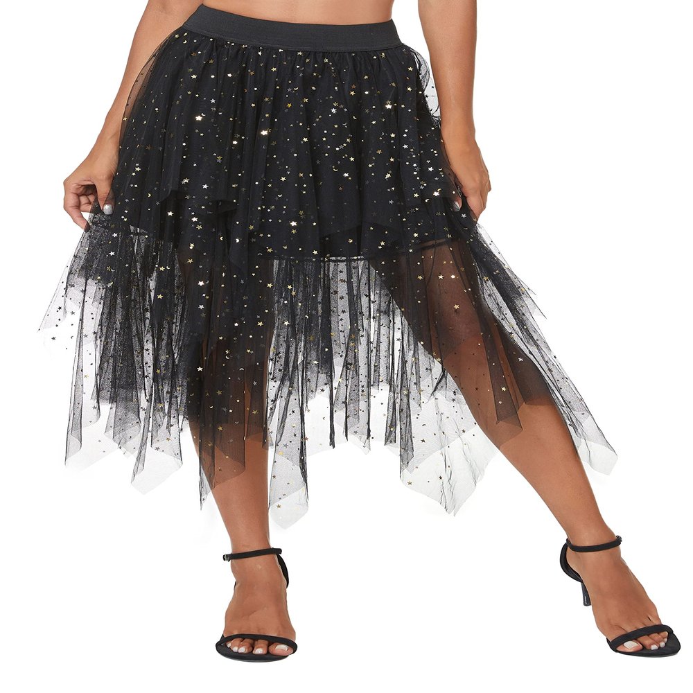 Urban CoCo Women's A-Line Mesh Tutu Skirt Fluffy Layered Tulle Midi Long Skirts with Elastic Waist (L, Series 2-Black)