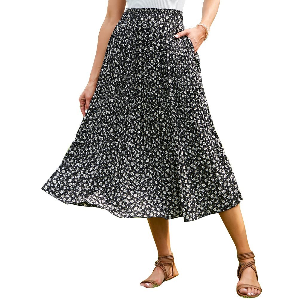 EXLURA Womens High Waist Polka Dot Pleated Maxi Skirt Midi Swing Skirt Beach Vacation Cruise Outfits with Pockets