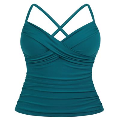 coastal rose Women Tankini Top Ruched Tummy Control Swimwear Cross Front V Neck Bathing Suit Top US14 Enamel Blue
