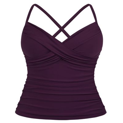 coastal rose Women Swim Top Front Cross V Neck Tankini Tops Ruched Push Up Swimsuit Top US16 Dark Purple