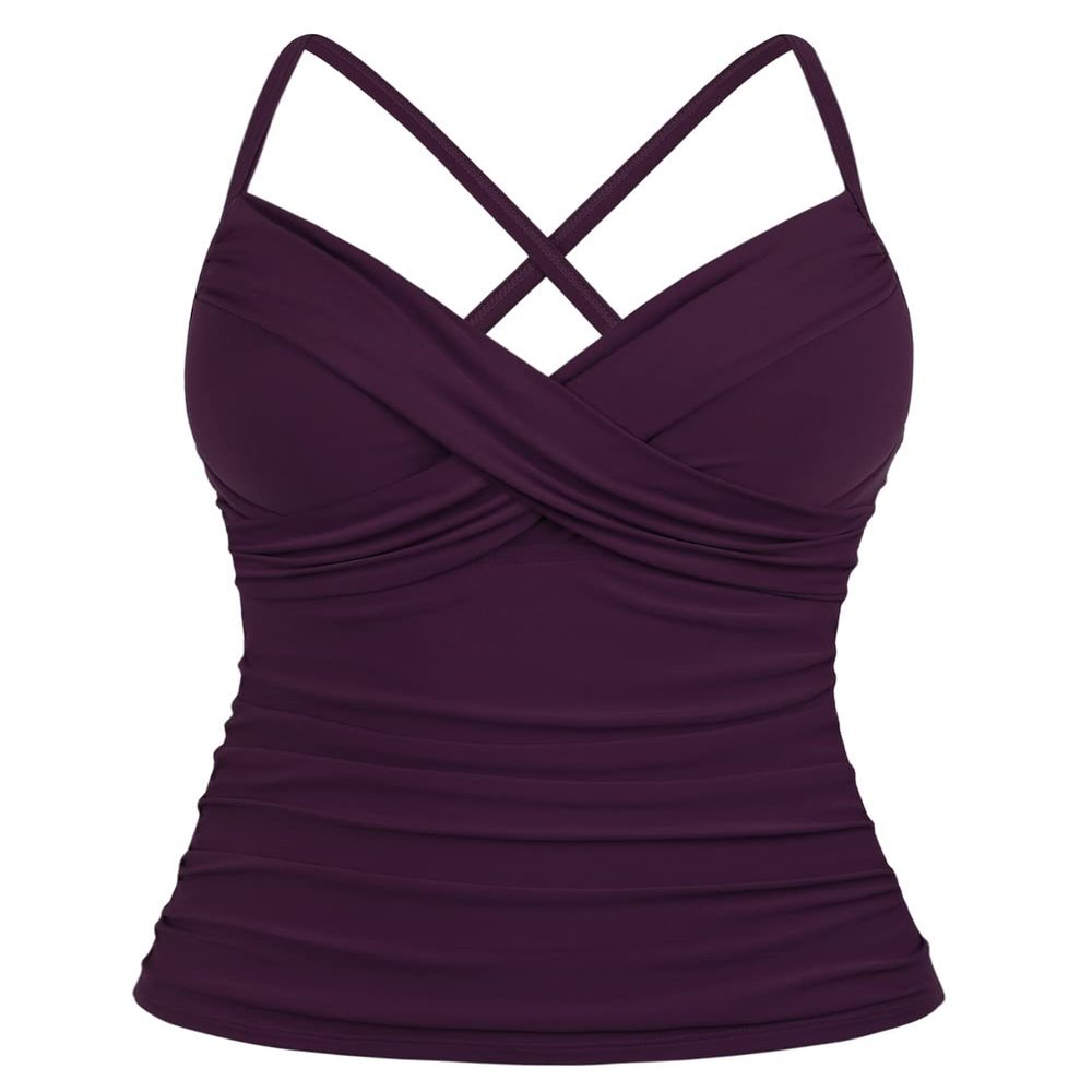 coastal rose Women Swim Top Front Cross V Neck Tankini Tops Ruched Push Up Swimsuit Top US16 Dark Purple