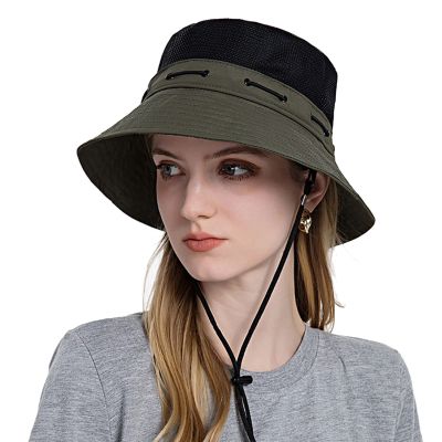 Foldable Cotton Bucket Hat for Women & Men Breathable Mesh Cap UV Protection Floppy Brim Hat with Adjustable Bungee Cord (Dark Green)