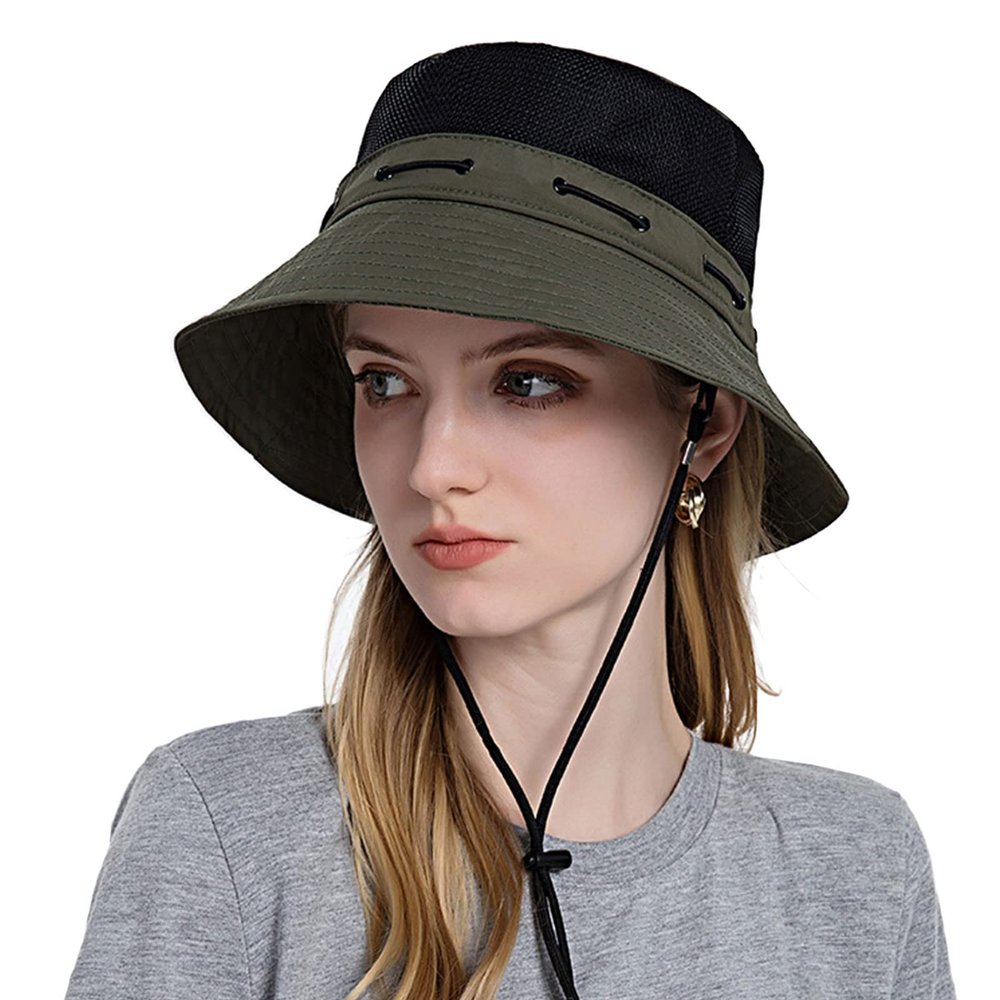 Foldable Cotton Bucket Hat for Women & Men Breathable Mesh Cap UV Protection Floppy Brim Hat with Adjustable Bungee Cord (Dark Green)