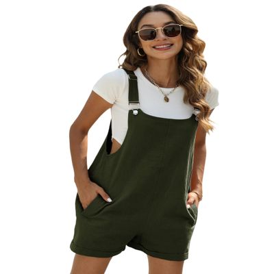 Fiona Jolin Women's Summer Cotton Linen Short Overalls Casual Bib Overall Shorts Rompers with Pockets (ArmyGreen-XXL)