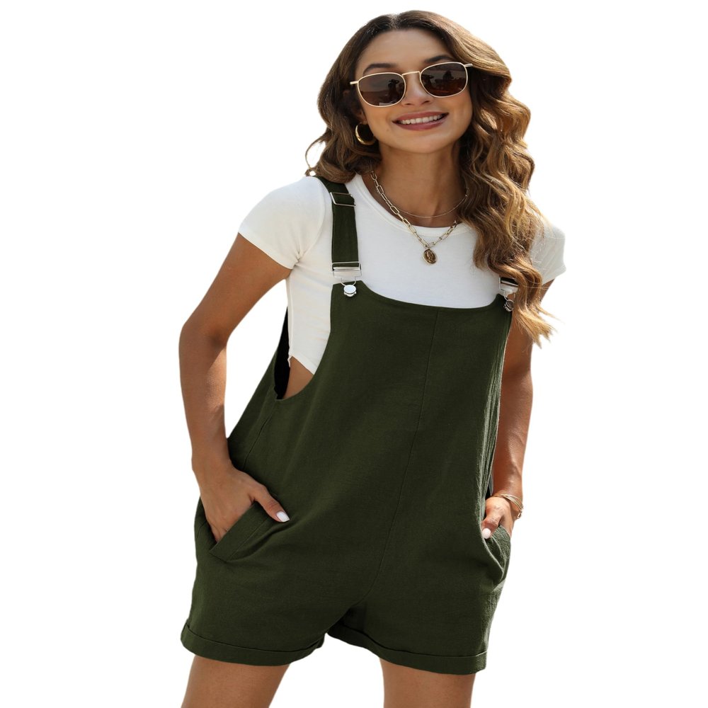 Fiona Jolin Women's Summer Cotton Linen Short Overalls Casual Bib Overall Shorts Rompers with Pockets (ArmyGreen-XXL)