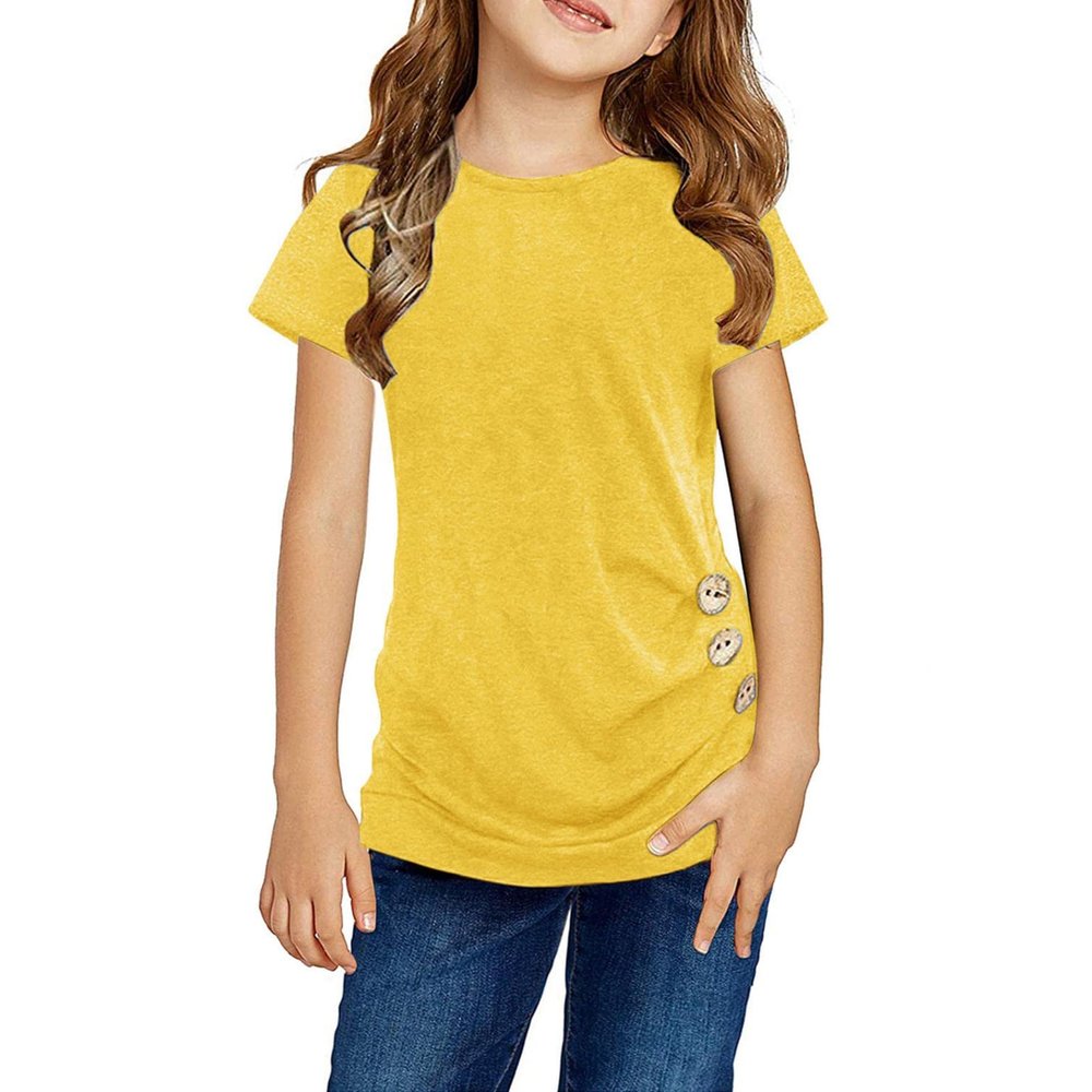 Digood Girls Summer Casual Tunic Tops Knot Front Button Short Sleeve Blouse T Shirts Tee Blouse for 4-13 Years(Yellow,4-5 Years)