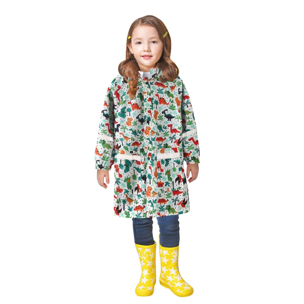 POLG Children's Boys Girls Dinosaur Print Button Rain Jacket Hooded Windproof Raincoat Kids Long Sleeve Hoodie Trench