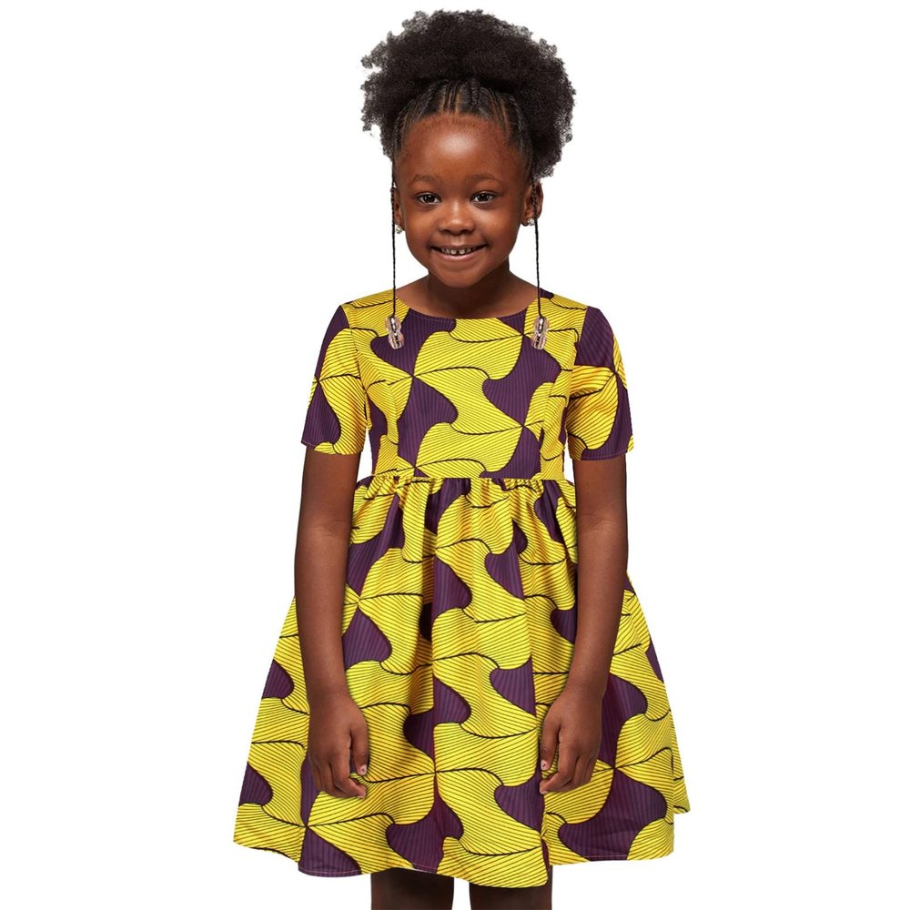 Digood Toddler Baby Girls African Dashiki Dress Summer Short Sleeve Round Neck Ankara Princess Dresses Outfits(Yellow,2-3 Years)