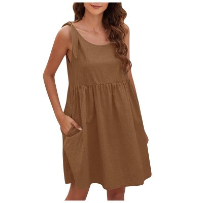 New Tie Strap Dress for Women Scoop Neck Daily Dresses Ladies Flowy Sundresses Soldi with Pockets Blouson Dress Sleeveless Mini Dress L 3-brown