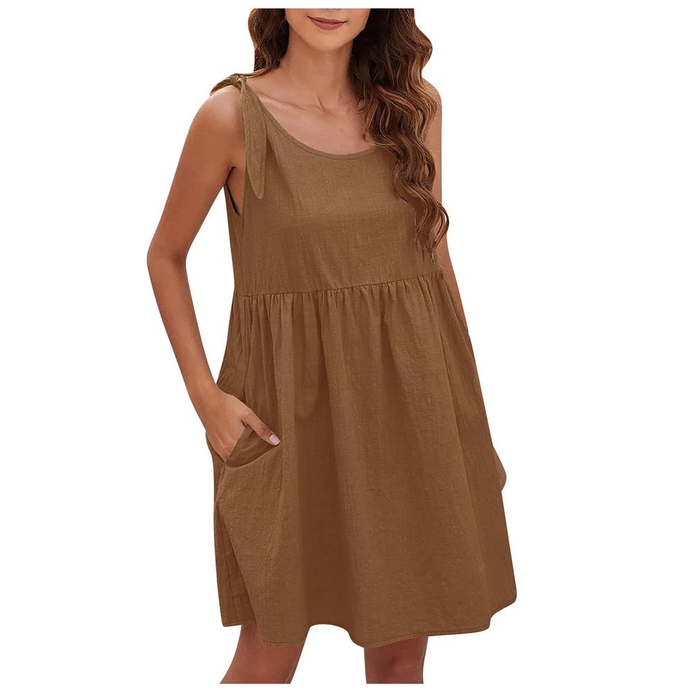 New Tie Strap Dress for Women Scoop Neck Daily Dresses Ladies Flowy Sundresses Soldi with Pockets Blouson Dress Sleeveless Mini Dress L 3-brown