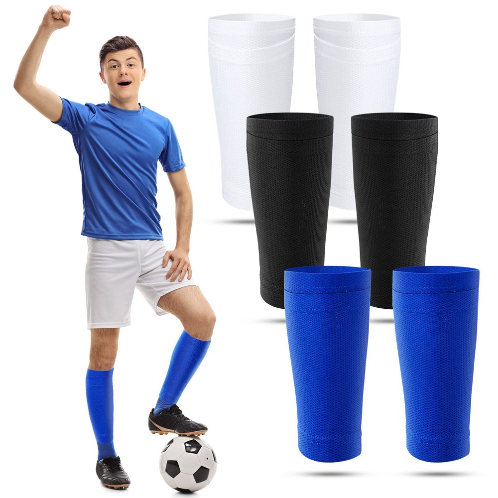 Boyiee 3 Pairs Kids Shin Guard Sleeves Youth Soccer Shin Guard Socks Breathable Calf Covers Holders Soccer Socks with Pockets(White, Black, Blue,Medium)