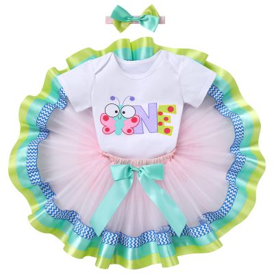 Baby Girls Butterfly 1st Birthday Outfit Butterfly Theme Birthday Party Romper + Tutu Skirt + Headband Butterfly Bowknot Tutu Dress 3PCS Clothes Set for Cake Smash Photo Props Green Butterfly 1 Year