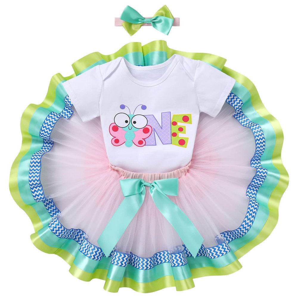 Baby Girls Butterfly 1st Birthday Outfit Butterfly Theme Birthday Party Romper + Tutu Skirt + Headband Butterfly Bowknot Tutu Dress 3PCS Clothes Set for Cake Smash Photo Props Green Butterfly 1 Year