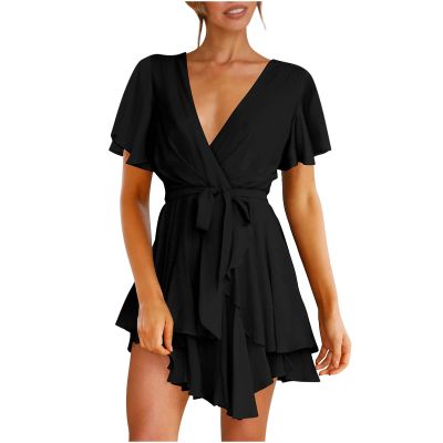 LFEOOST Strappy Dress for Women Sexy Deep V Neck Short Sleeve Waist Tie Double Layer Ruffle Ruched Bandage Tunic Flowy Dress Black
