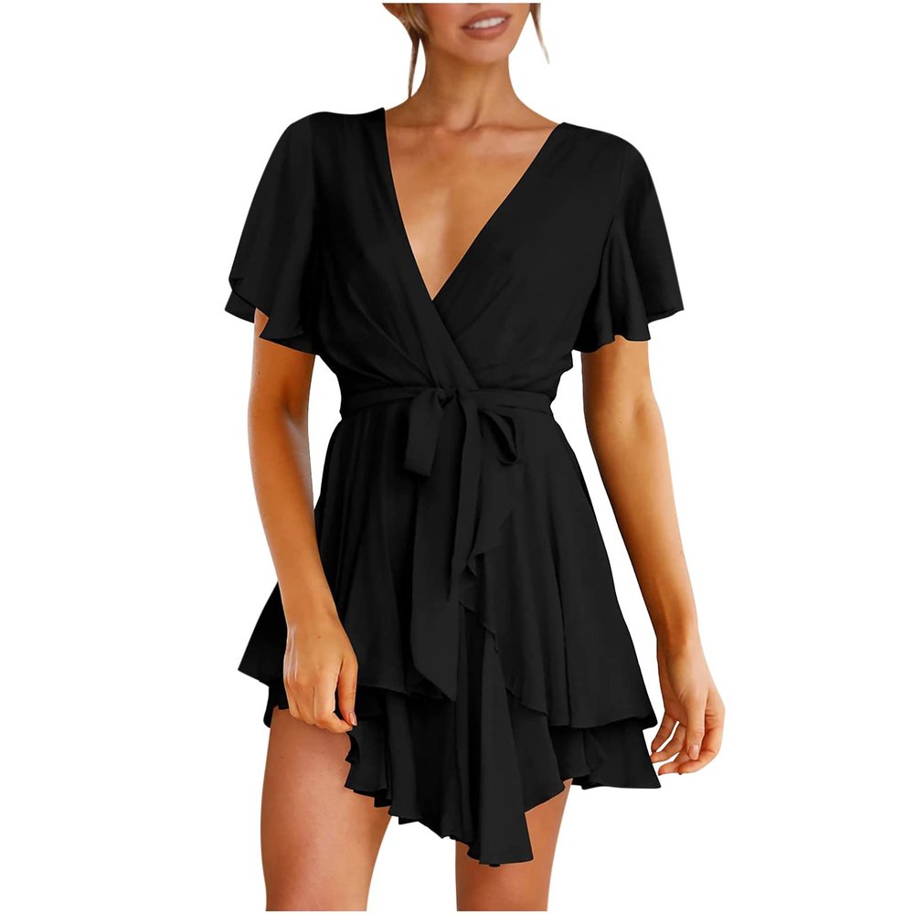 LFEOOST Strappy Dress for Women Sexy Deep V Neck Short Sleeve Waist Tie Double Layer Ruffle Ruched Bandage Tunic Flowy Dress Black