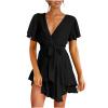 LFEOOST Strappy Dress for Women Sexy Deep V Neck Short Sleeve Waist Tie Double Layer Ruffle Ruched Bandage Tunic Flowy Dress Black view 1