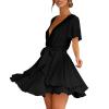 LFEOOST Strappy Dress for Women Sexy Deep V Neck Short Sleeve Waist Tie Double Layer Ruffle Ruched Bandage Tunic Flowy Dress Black view 2