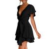 LFEOOST Strappy Dress for Women Sexy Deep V Neck Short Sleeve Waist Tie Double Layer Ruffle Ruched Bandage Tunic Flowy Dress Black view 4