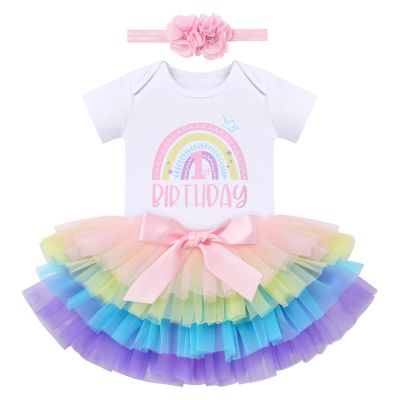 Baby Girls Rainbow 1st Birthday Outfit Romper Tutu Skirt with Diaper Cover Tulle Bloomers and Flower Headband Infant First Birthday Cake Smash Coming Home Outfit for Photo Prop Rainbow + Flower 1 Year