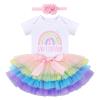 Baby Girls Rainbow 1st Birthday Outfit Romper Tutu Skirt with Diaper Cover Tulle Bloomers and Flower Headband Infant First Birthday Cake Smash Coming Home Outfit for Photo Prop Rainbow + Flower 1 Year view 1