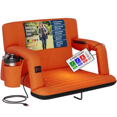 Alpcour Heated Reclining Stadium Seat for Bleachers  Wide Bleacher Chair with Back Support and Cushion, Armrests, Side Pockets, & Hook  Stadium Seats Chairs for Camping, Kayak, Paddle Board & More